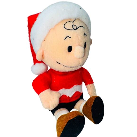 1990s Vintage Applause Peanuts Charlie Brown Plush in Santa Hat 9" Bean Bag Butt - Picture 1 of 8